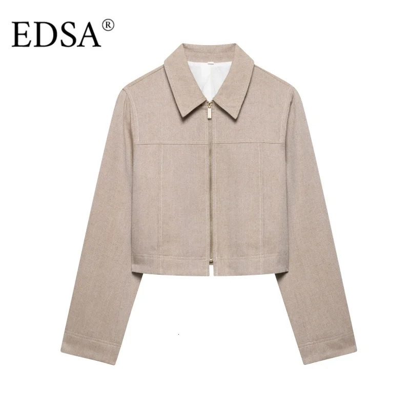 EDSA Women Khaki Herringbone Pants Set Cropped Jacket Long Sleeves Side Zip Lowrise Straight Leg Long Trousers Female Suits 251028
