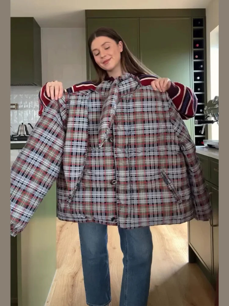 Cute Womens Plaid Padded Jacket Lapel Cotton Coat Winter Warm Oversized Full Sleeve Checked Outerwear 2025 High Street Outfit 251112