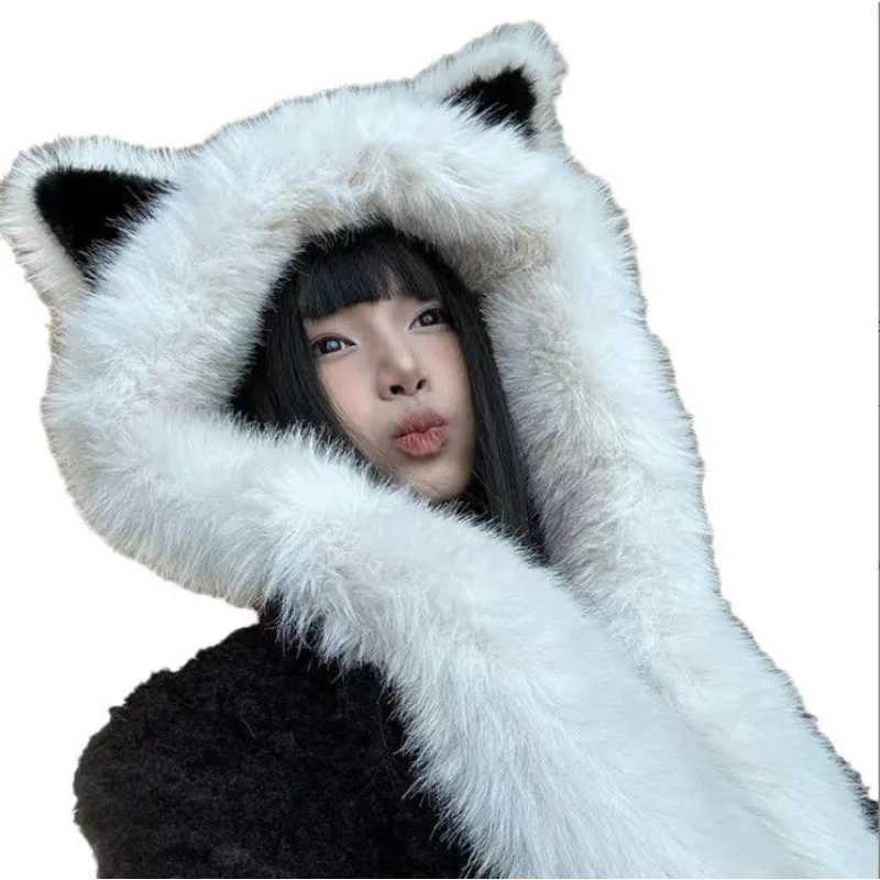 2024 New Womens Plush Fox Ear Bucket Hat ScarfIntegrated Warm Winter Cap with FaceFlattering DesignXJ251030