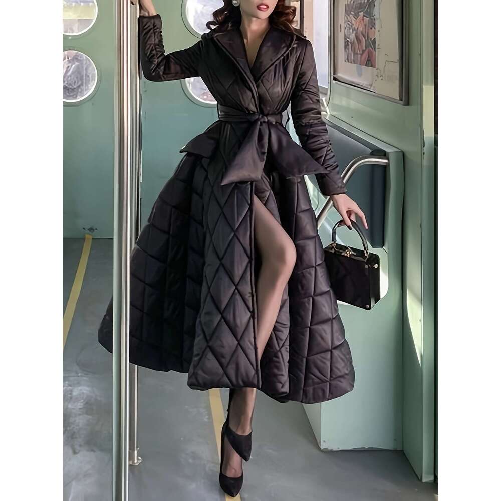 Women S Elegant Long Sleeve Coat Dress A Line Silhouette With Belt Detail Flared Hem Solid Black Non Stretch Fabric Hand Wash Only Latin Inspired