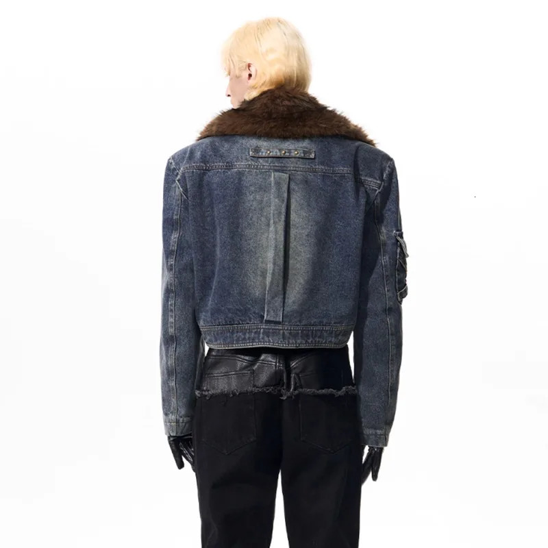 LUZHEN Fashion Original High Quality Fur Neck Patchwork Washed Denim Jacket Men 2025 Fashion Street Casual Short Coat JY4506 251024