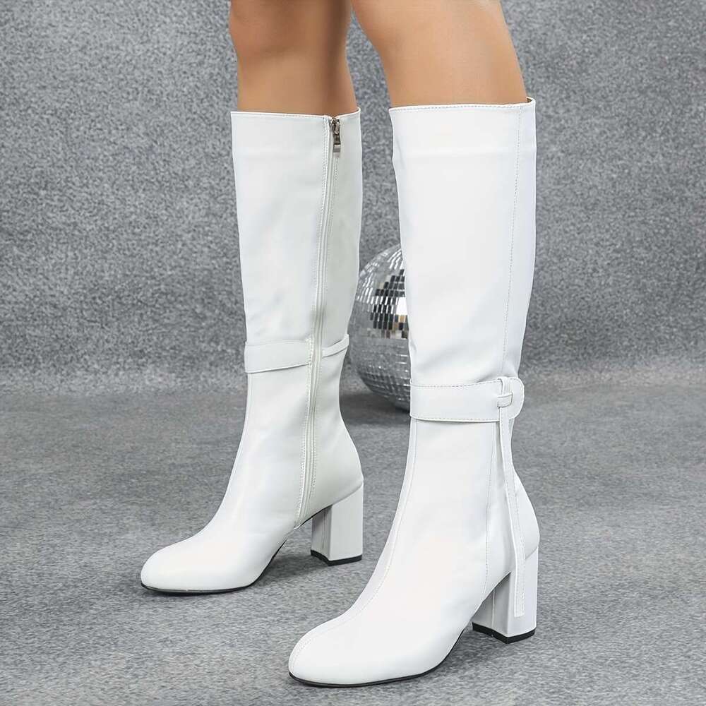 Women's Elegant White Faux Cover Knee-High Knight Boots With Thick Heel - Round Toe Comfortable Fabric Lining & PVC Sole For Autumn/Winter, Europ