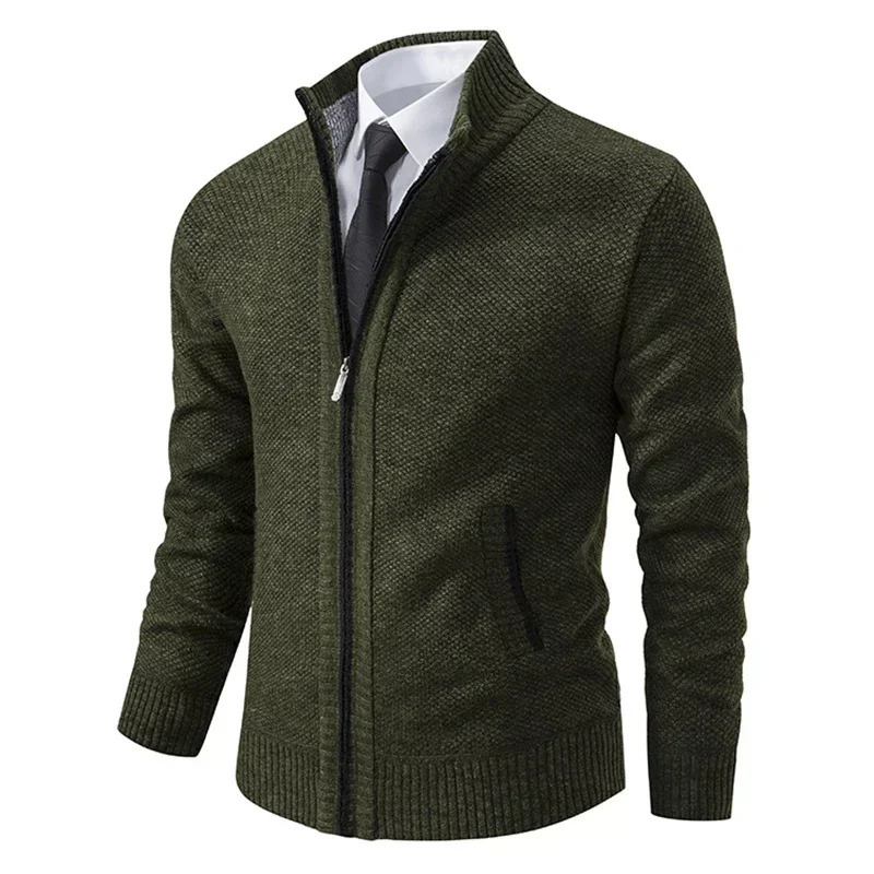 2025 Autumn and Winter Mens Casual Sports Coat Solid Color Stand Collar Sweater Grab Fleece Warm Zipper Cardigan 251029