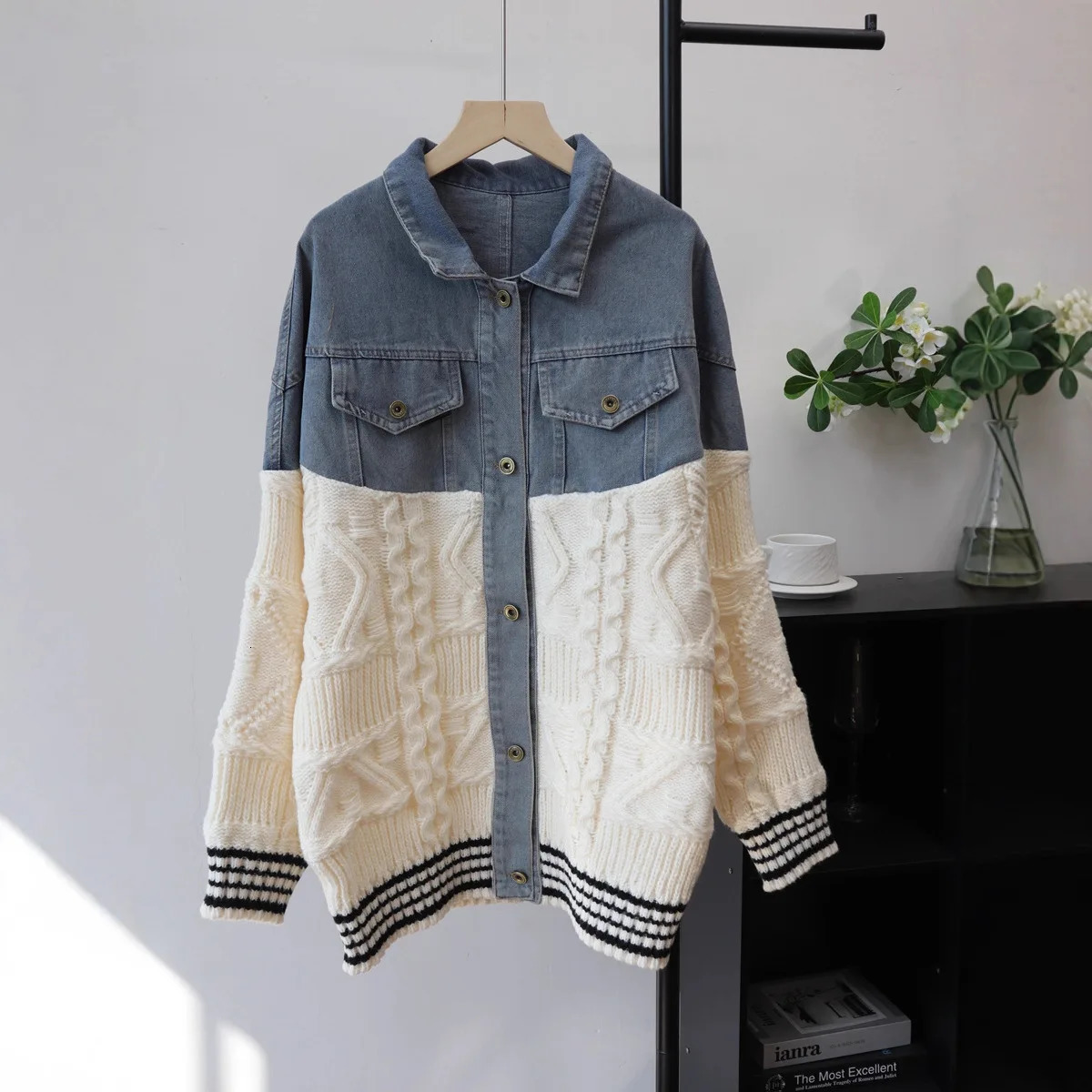 Women Denim Knitted Cardigan Sweater Spliced Jumper Turn Down Collar Long Sleeve Single Breasted Loose Casual 2025 Autumn Winter 251029