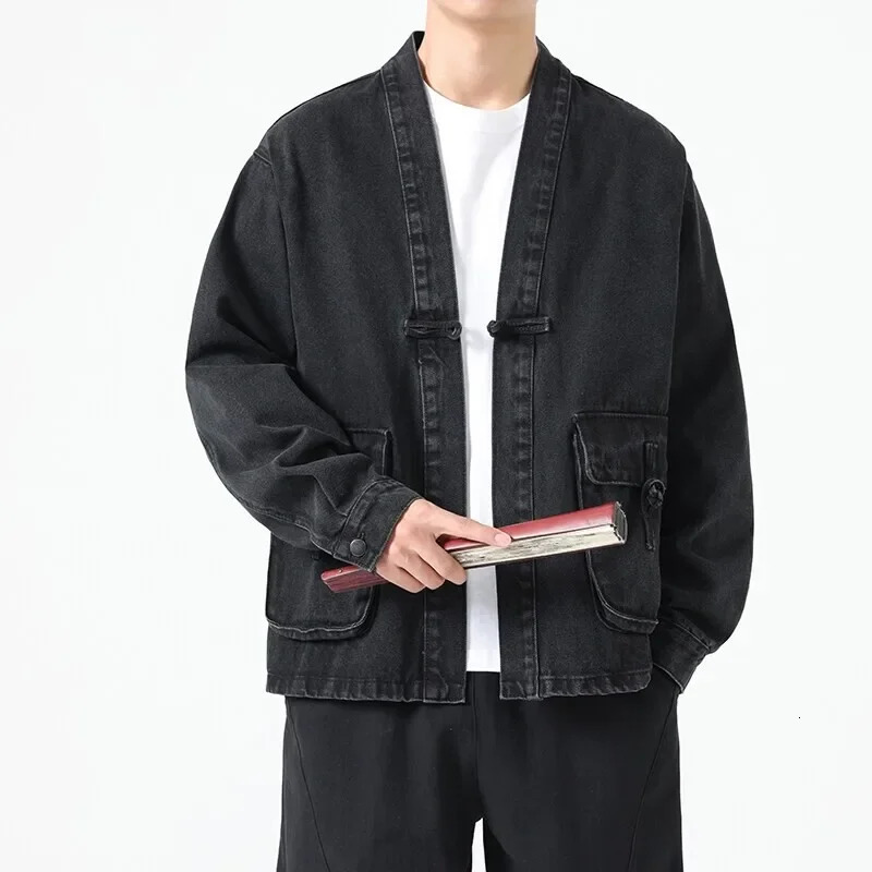 Fashion Men Denim Jacket Cotton Kimono Japanese Pocket Cardigan Coat Vintage Traditional Jackets Hip Hop Loose Outwear 251016