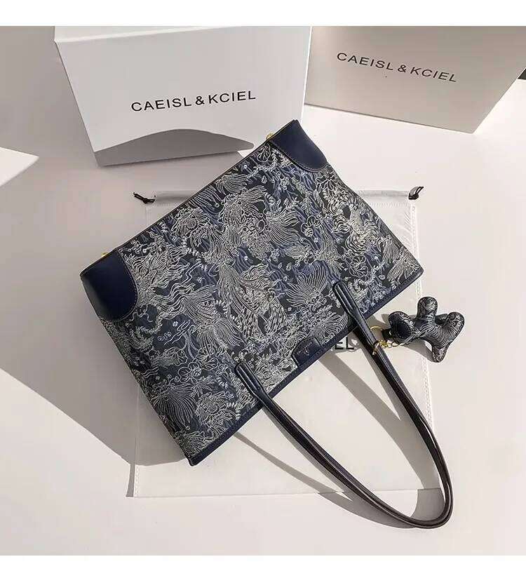 Large Capacity Blue Color Embroidery Tote Fashion Purse High Quality Women Handbag Shoulder Underarm Female Shopping Bag