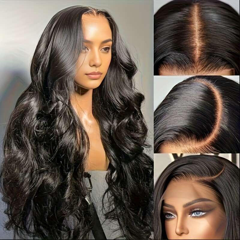 Women's 13X4 Transparent Pure Human Female Remy Brazilian Hair Pre-Drawn Body Wave Gel Free Wear And Go Lace Front Wig 200% Density Natural Black