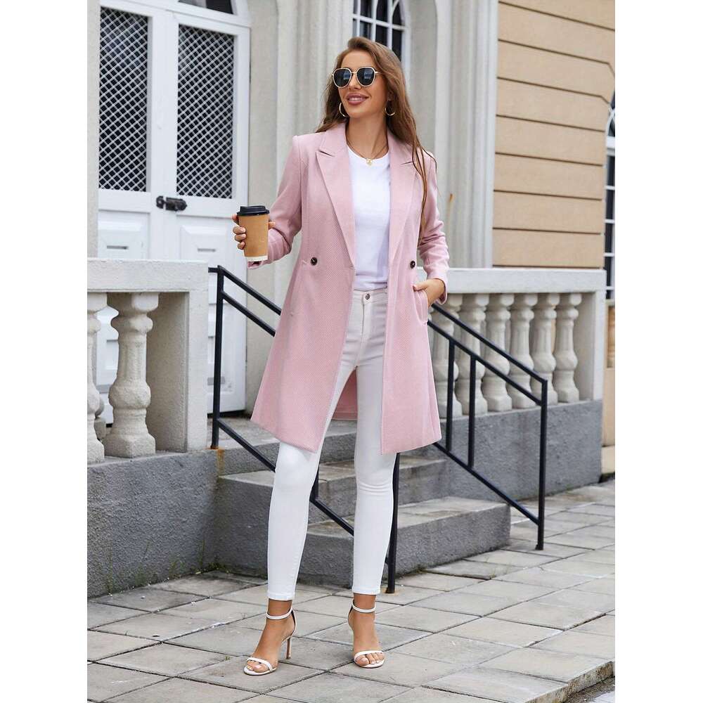 Pink Women S Elegant Double Breasted Long Coat With Pockets Stylish Fall Winter For Casual Or Wear Office Wear Textured Fabric Jacket Structured Desig