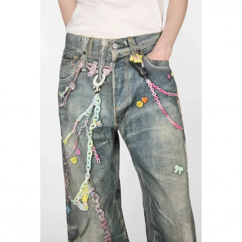 Loose Wide Leg Denim Jeans Retro Candy Chain Print Unisex Spring Summer Style Loose Low Waist Trousers for Couples 251029