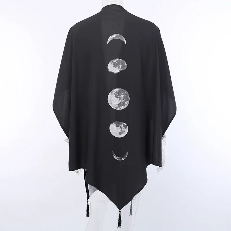 FICHOR Gothic Moon Phase Black Cloak for Women Fall Winter Geometric Y2k Graphic Goth Outwear Oversized Irregular Ponchos Ladies 251029