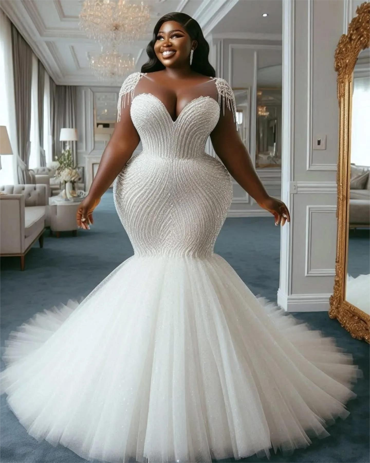 Ivory Wedding Dress Plus Size Cap Sleeves Beaded Sequined Tulle Bridal Gowns Dresses