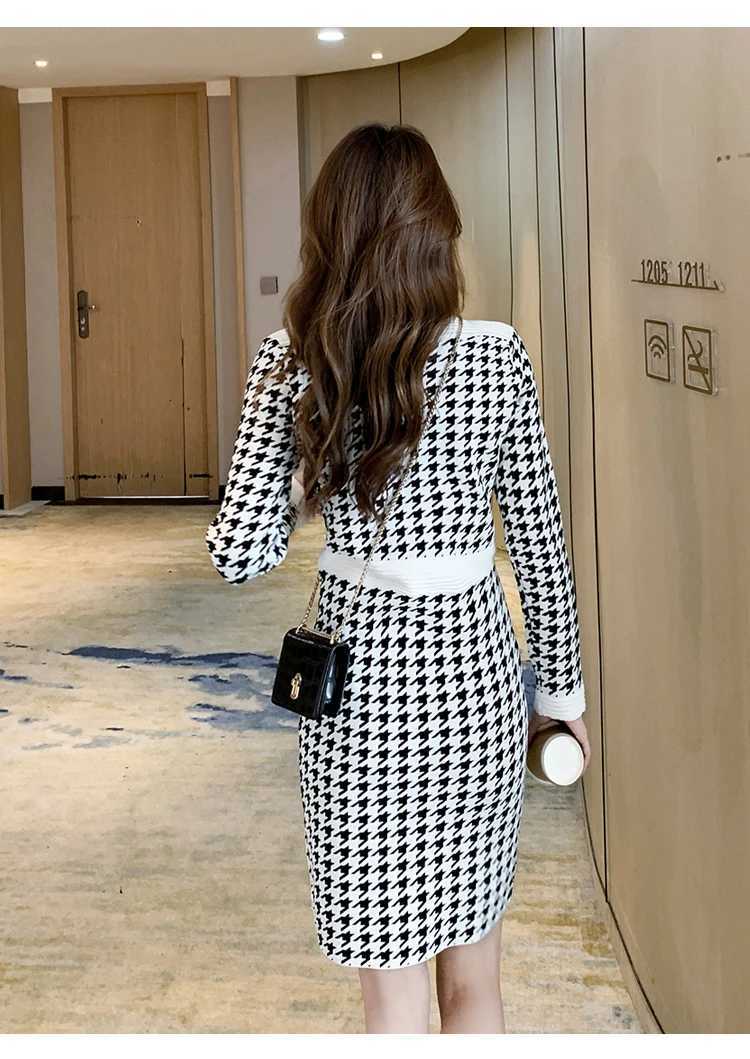 Women Houndstooth Knitted Dress Autumn Fashion Slash Neck Retro Knit Sweater Robe Work Strtwear Winter Chic Plaid Dress C251030