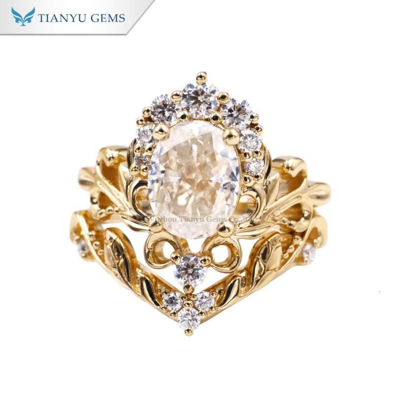 Tianyu Gems Custom Made 7X9mm 2ct DEF VS1 Oval Moissanite Diamond 14k Solid Yellow Gold Jewelry Ring Set Crown Design for Women