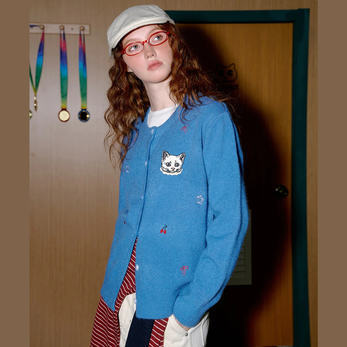 Womens Cherry Bow Knit Cardigan Embroidery Round Neck Sweater Soft SkinFriendly Y2K Loungewear Fall Cozy Cottagecore 251028