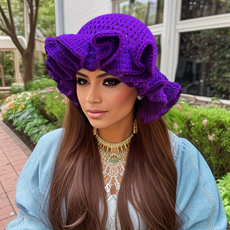 2025 Solid Color Ruffled Crochet Wool Hat with Pleated Edge and Wide Brim Fisherman Hat for Autumn and Winter 241105