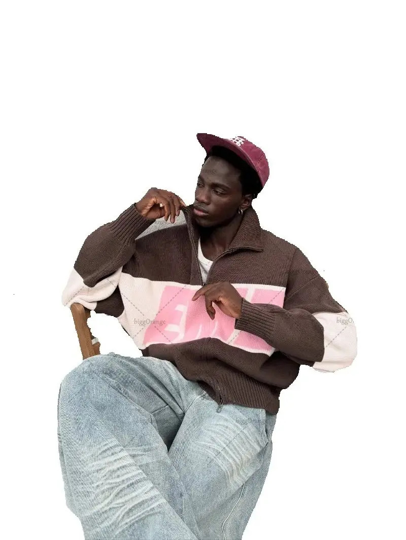 Y2K Trendy High Street Harajuku Zipper Sweater Men American Retro Streetwear 2025 Autumn and Winter Warm Knitted Cardigan Women 251029