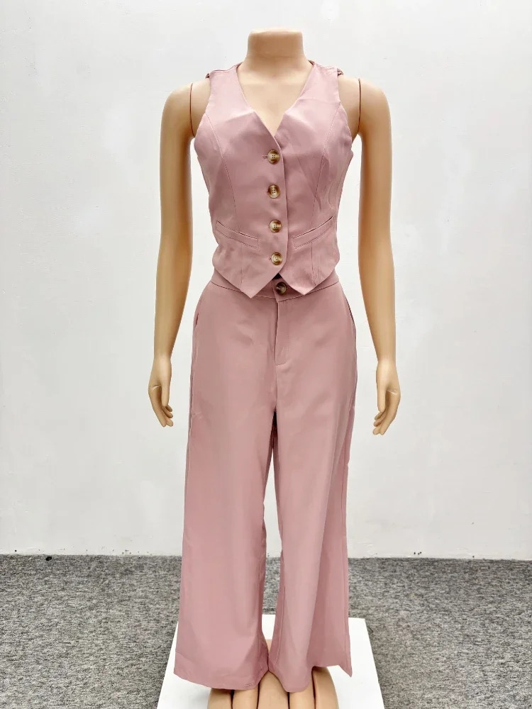 Fashion Two Piece Set Office Lady Outfits Womens Set Solid Color Sleeveless Button Fly Vest Shirt and Wide Leg Pants Set 251029