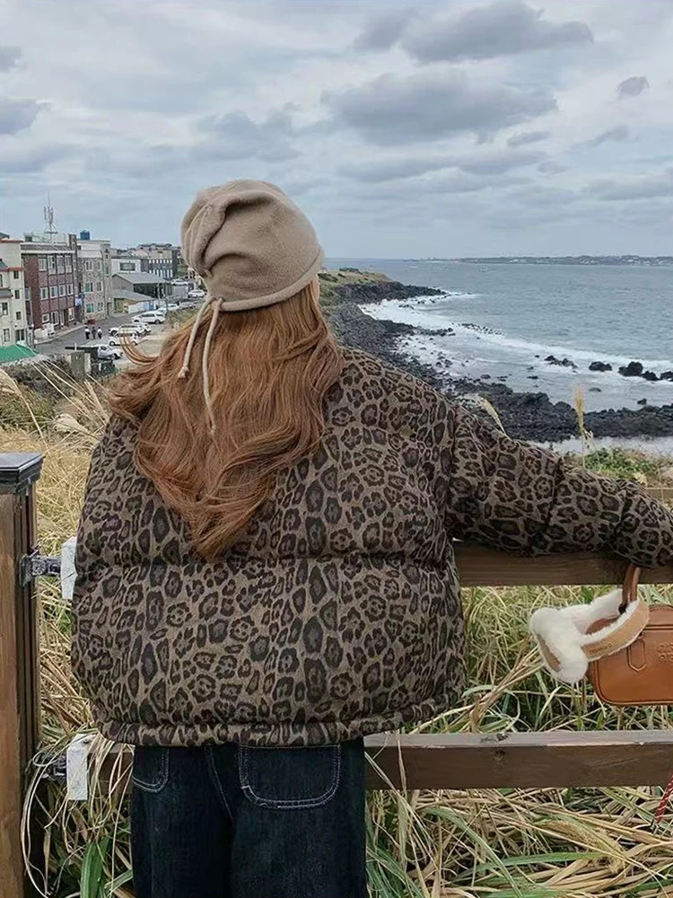 Vintage Leopard Print Parkas Coats Women Winter Warm Standing Collar Crop Down Jacket Y2K Streetwear All Match Zipper Outerwear 251023
