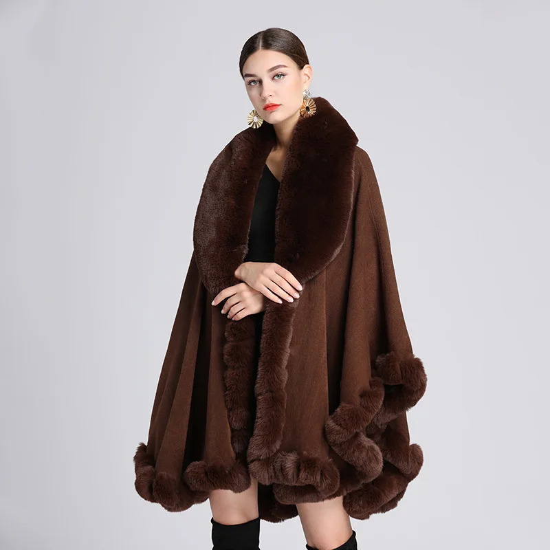 Europe America Otter Rabbit Fur Collar Hooded Cashmere Loose Ponchos Women Capes Khaki Cloak 251029