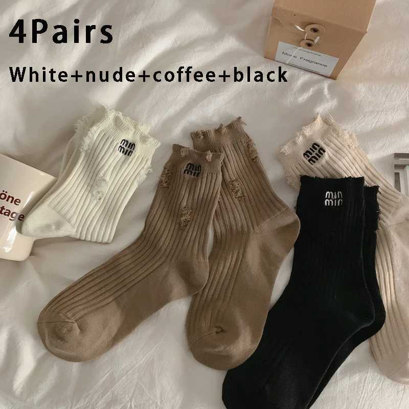 Trendy Street Broken Hole Style Cotton Socks Women Medium Tube Letters Embroidery Calf Socks HipHop Sox Harajuku R251030
