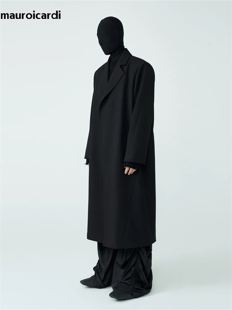Mauroicardi Autumn Winter Cool Long Black Thick Warm Loose Casual Soft Wool Blends Coat Men with Shoulder Pads No Buttons 251029