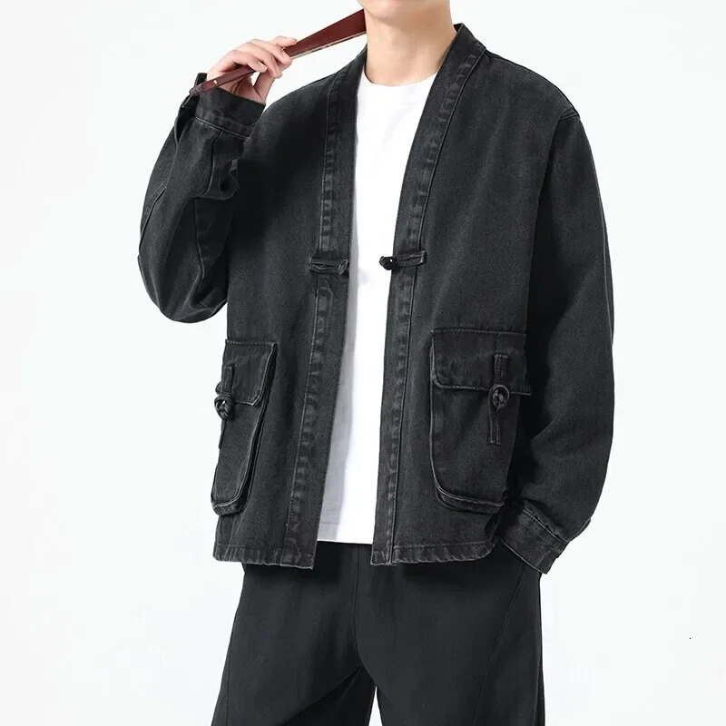 Fashion Men Denim Jacket Cotton Kimono Japanese Pocket Cardigan Coat Vintage Traditional Jackets Hip Hop Loose Outwear 251016