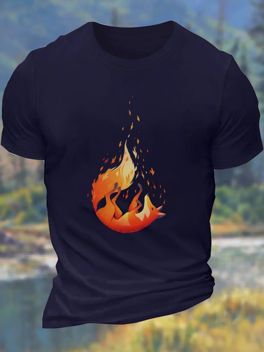 European & American Oversized Men's New Summer Animal Fox Pattern Cotton Casual Letter T-Shirt - TT7526