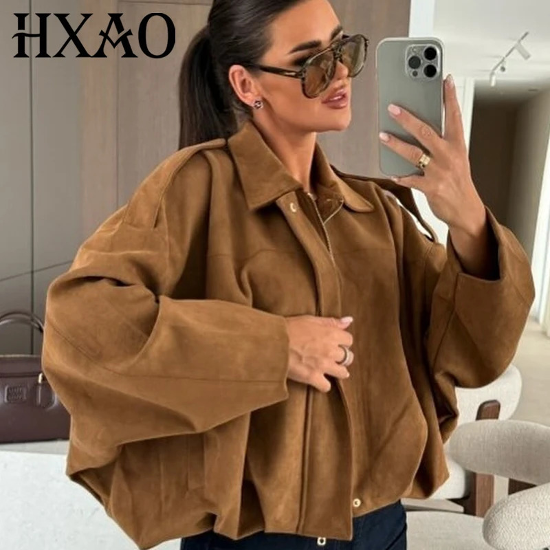 HXAO Suede Bomber Jacket Woman Green Khaki Outerwears Womens Spring Crop Oversize Long Sleeve Coats Fashion 251028