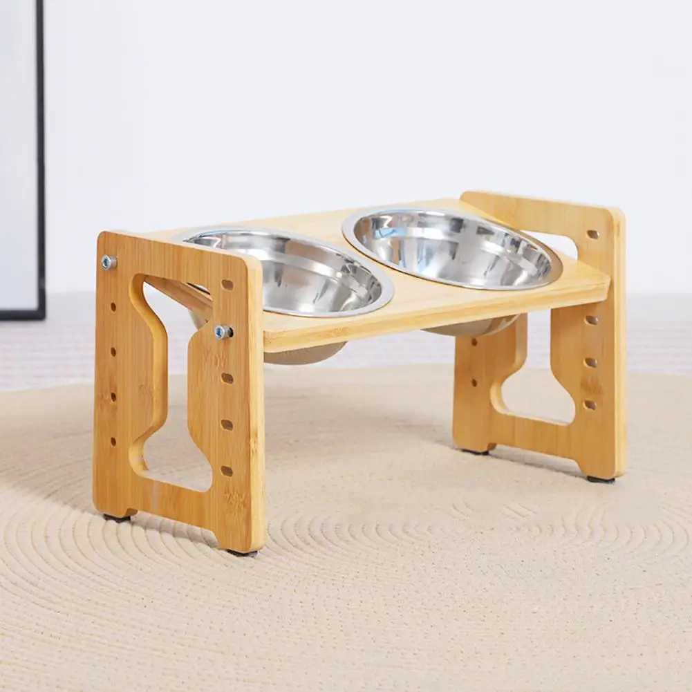 Elevated Dog Feeder Bowls Adjustable Raised Stand Wood Bowl Water Pet Cat Accessories Double Stainless Food Dog Steel D0H5 J251113