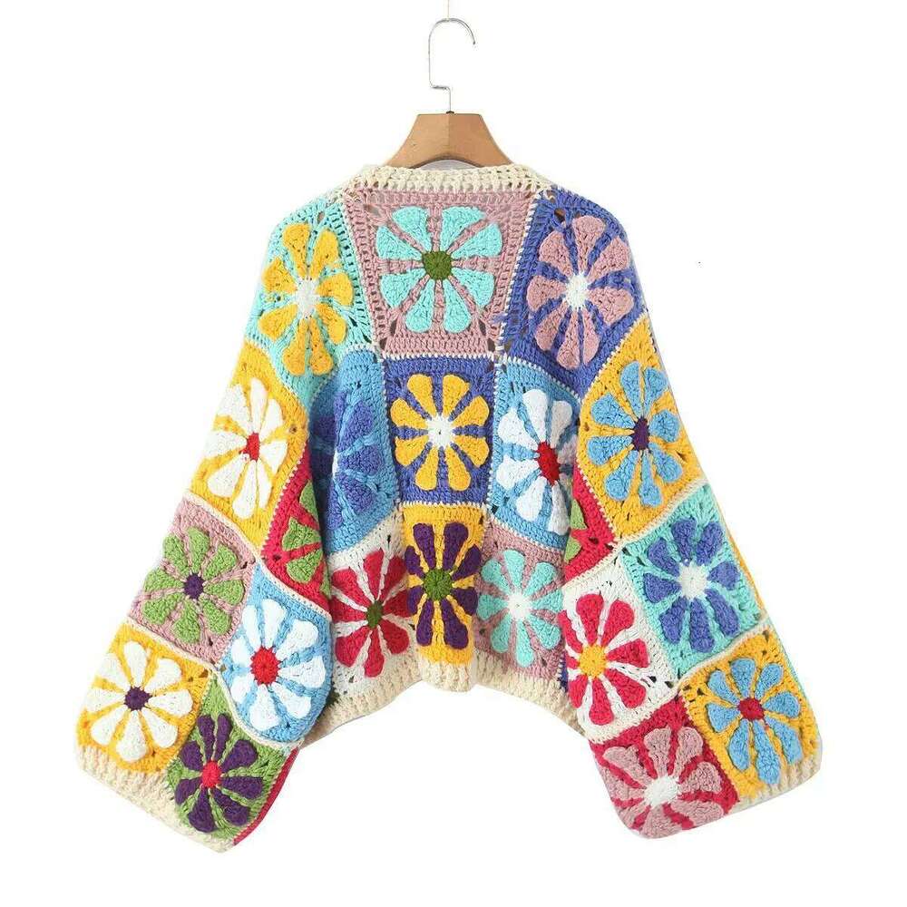 Holiday National Handmade Flower Crochet Knitted Cardigan Women Autumn Long Sleeve Retro Loose Splicing Sweater Jacket