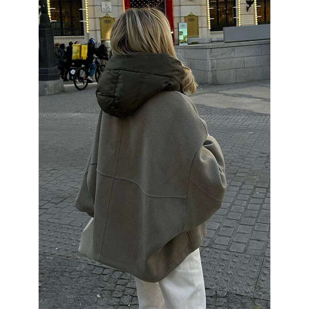 Fashion Women Patchwork Jacket With Hat Casual Long Sleeve Lady Coat Autumn Winter New Loose Female Outerwear High Street