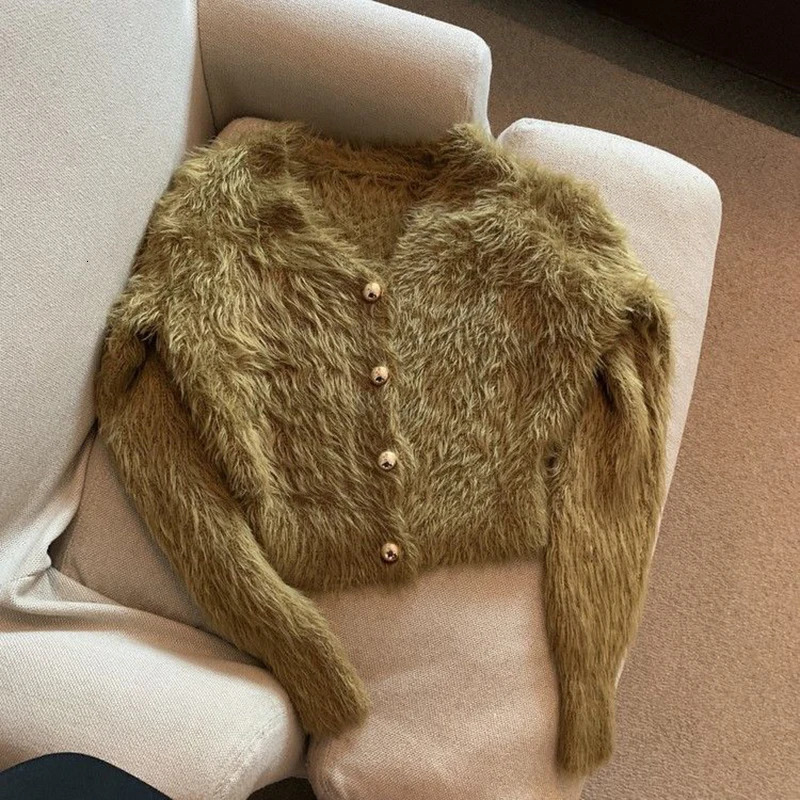 Vintage Cropped Mohair Knitted Cardigan Women V Neck Sweater Coat Streetwear Korean Black White Knitwear Solid Slim Jumpers 251028
