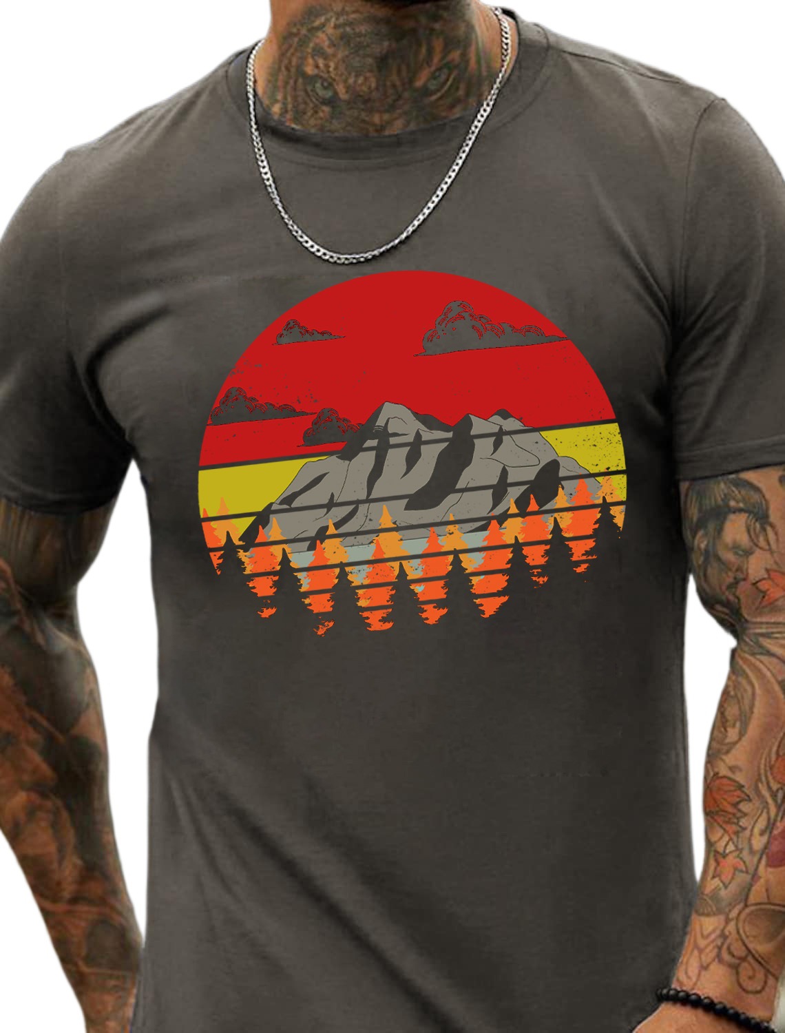 OEM Large Size Forest Mountain Print Men's Cotton Summer T-Shirt - TT7075