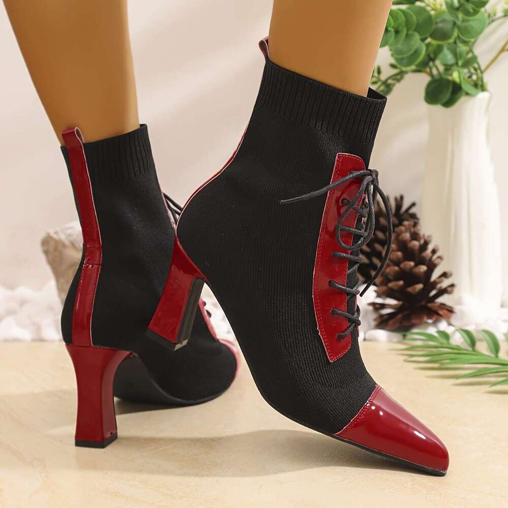 Black And Red Classic Combination Pointed Women's High Short Thick Heels With Adjustable Laces Comfortable Street Shoes Outdoor Boots