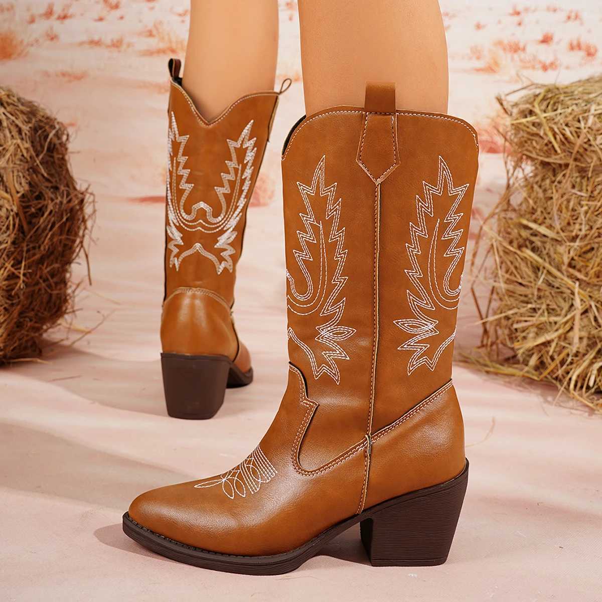 2025 Spring and Fall Fashion Pointy Solid Color Womens Midcalf Boots with Midheel Sleeves Embroidered Western Cowboy Boots Z251029
