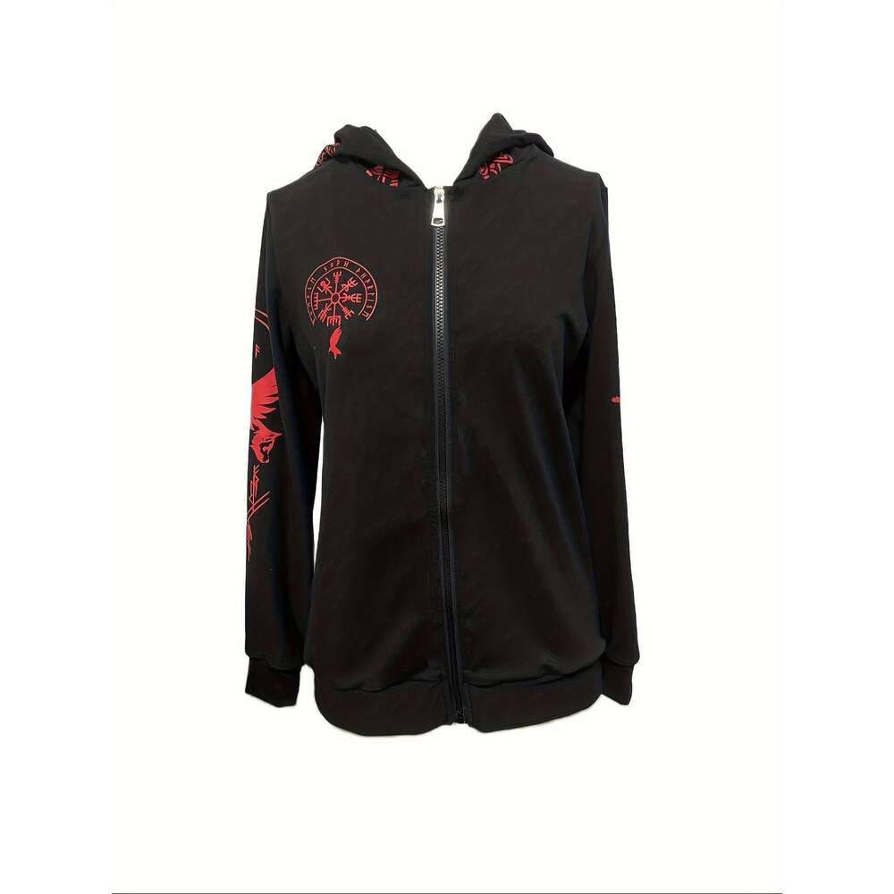 Tribal Full Body Print Hooded Zipper Hoodie Retro Norse Totem Viking Warrior Design H Line Silhouette High Elasticity All Season Casual Outerwear Hine