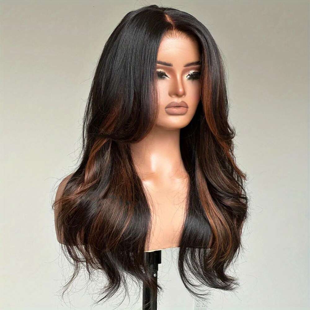 4X4 Ready To Go Brown Highlight Straight Layered Cut Style With Hairline 180% Density Glueless Body Wave Human For Long Wig Looking Natural Brazilian 