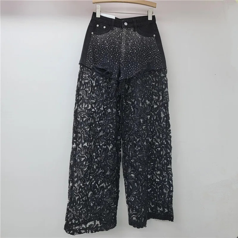 WTHT Fashion Womens Diamonds Patchwork Lace Casual Jeans Winter Trendy High Waist Straight Denim Pants Female 1LS479 251029