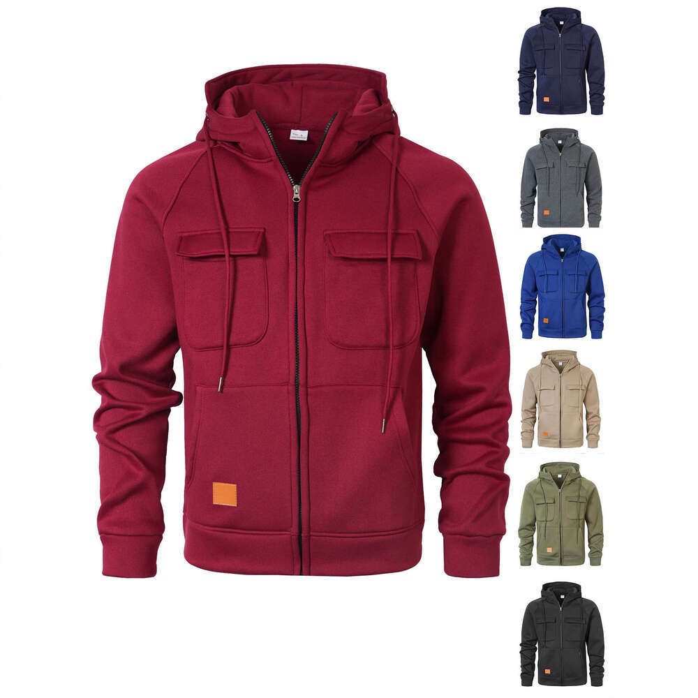 European Size Spring Autumn Winter American Style Hooded Loose Stand Collar Casual Sweatshirt Men's Multi-Pocket Cardigan Zipper Jacket