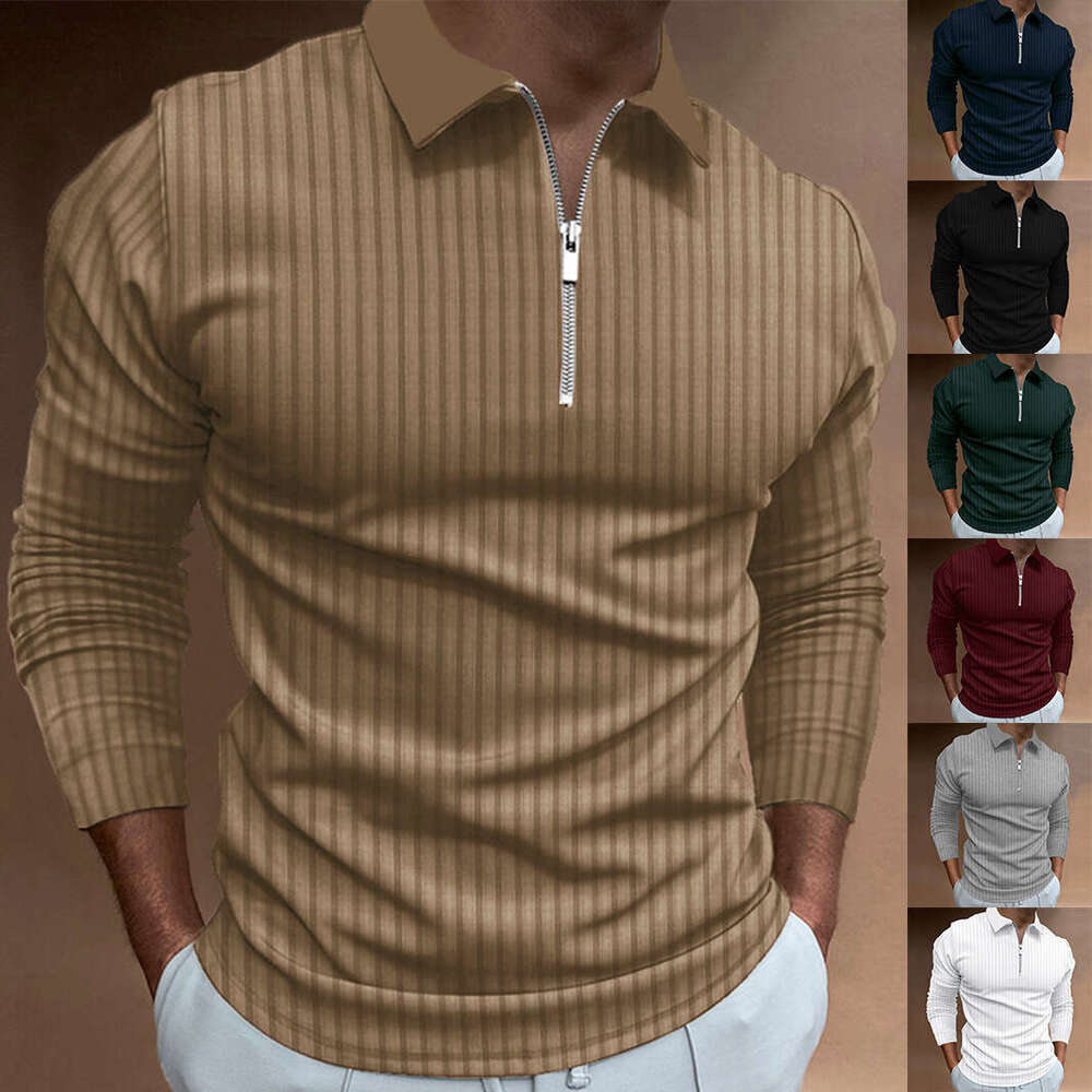Men's Autumn Sports Fitness Casual Stand Collar Stretch Vertical Stripe Long Sleeve Zipper Polo Shirt