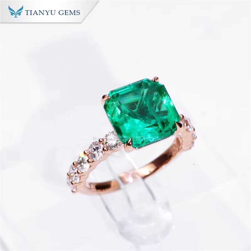 Tianyu Gems Asscher Cut 10x10mm Lab Emerald Lab Diamond Rings Rose Gold 10k 14k 18k Women Wedding Engagement Anniversary Ring