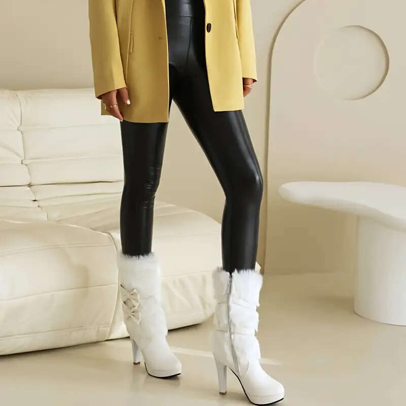 Women's Elegant White Faux Fur-Lined Stiletto Heel Knee-High Winter With Bow Detail & Side Zipper Slip-Resistant Rubber Sole, Thick Platform-Like