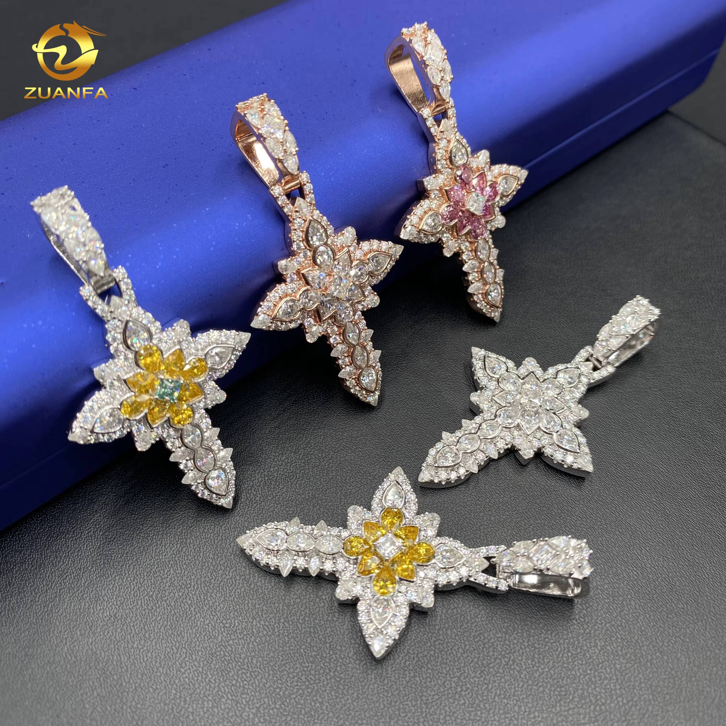 Pear Cut Iced Out Custom Colored Diamond Hip Hop Jewelry Pendant Cross Shape Flower 925 Sterling Silver VVS Moissanite Pendant