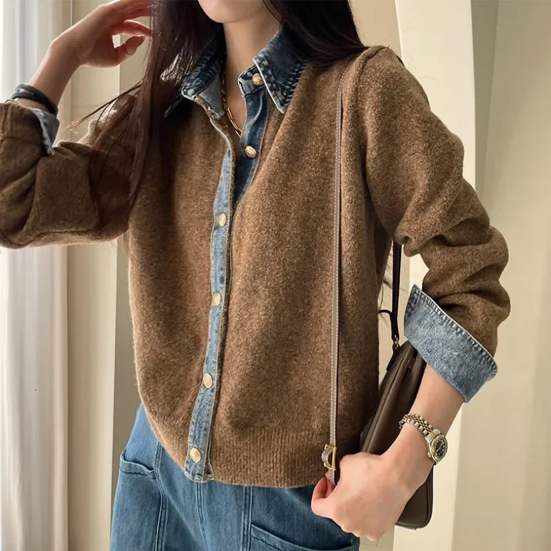 Slimming Effect Korean Style Denim Splicing Knitted Open Cardigan Womens Fashion Outerwear Ultra Thin Long Sleeve Urban Style 251029