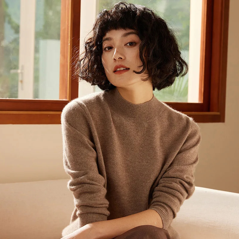 2025 AutumnWinter Womens Sweater 100 Cashmere Half High Neck Knitted Hoodie Solid Color Casual Top 251016