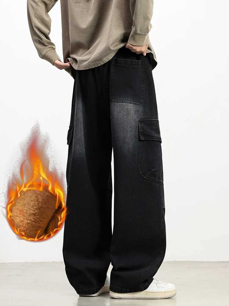 Mens Winter Fleece Cargo Jeans with 5 Pockets Wide Leg Straight Baggy Jeans Brushed Warm Denim Pants Asian Size L6XL J251030