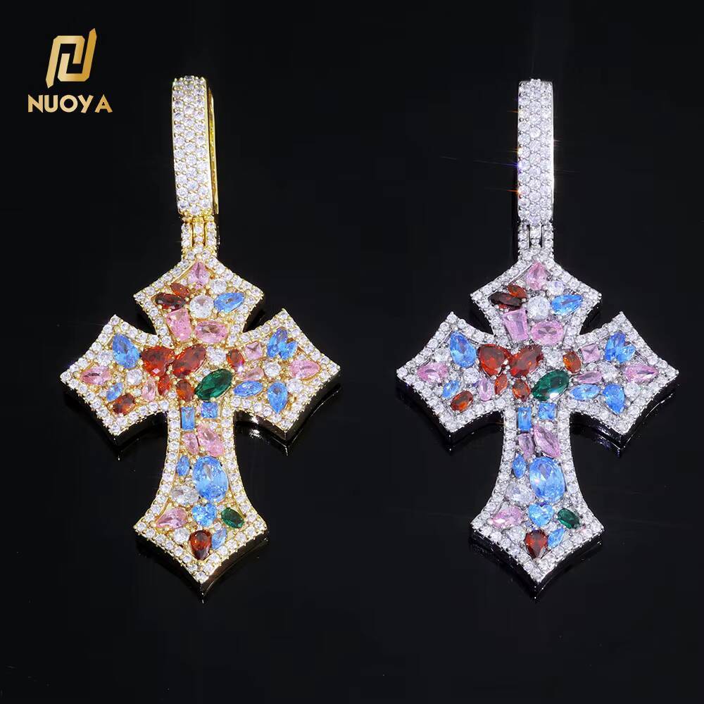 NUOYA New Arrival Multi Color moissanite Rhombic Cross Pendant Silver Iced Out Irregular Diamond Cross Charm Pendant Necklace Gift Designer's sty