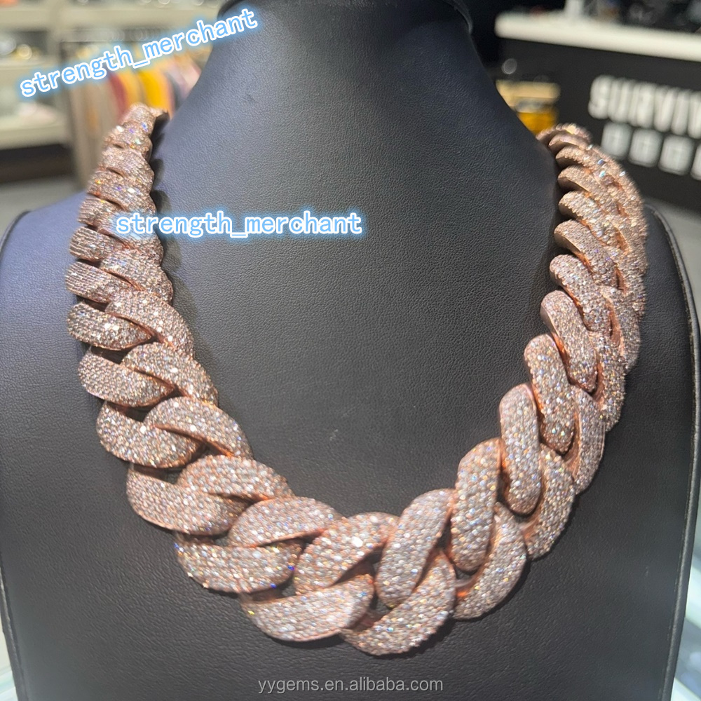 Yu Ying Custom Heavy Chain 20mm 22mm Men Full Iced Out Moissanite Rose Gold 925 Silver Cuban Link Chain Necklace Hip Hop Jewelry