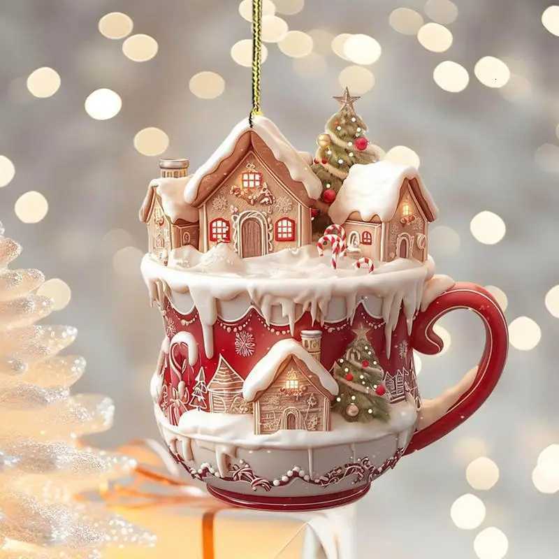 Acrylic coffee cup ornament 2D Art Keychain Pendant Christmas Snow House Pendant Decoration Christmas tree pendant decoration C251030