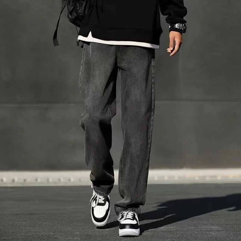 Korean Fashion Mens Baggy Jeans Elastic Waist Classic olid Color Straightleg Denim Wideleg Pants Male Light Blue Grey Black J251030